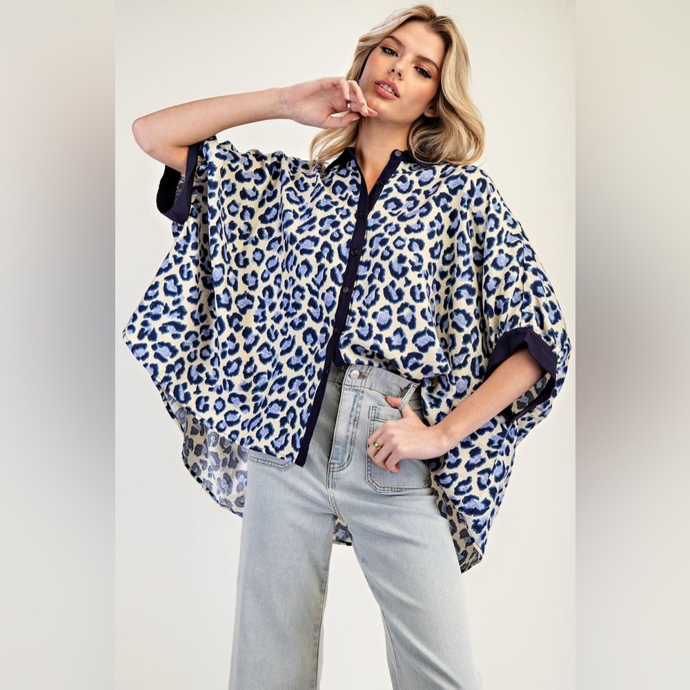 Leopard Print Dolman Sleeve Button Down Blouse - eesome